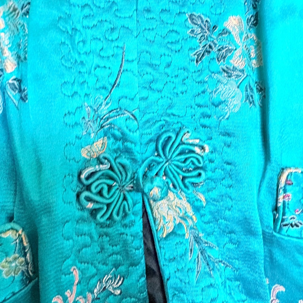 Vintage Reversible Satin Chinese Jacket Teal Black Embroidered Frog‎ Buttons - Picture 11 of 16